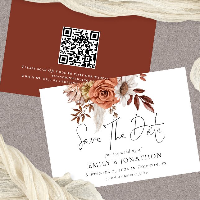 Save The Date Rustique Terracotta Automne Florals QR Code Mariag (Available digitally or printed)
