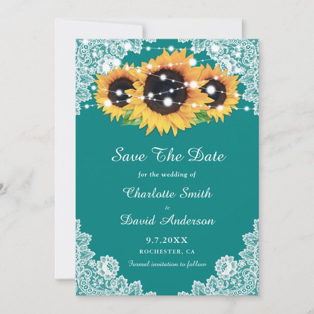 Save The Date Rustique Turquoise Dentelle Tournesol Mariage Enre (Devant)