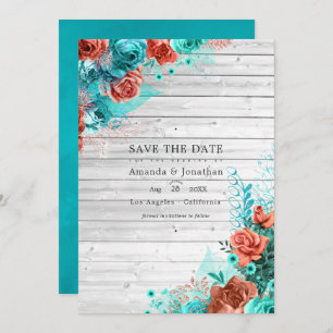 Save The Date Rustique Turquoise et Coral Rustique Floral Mariag