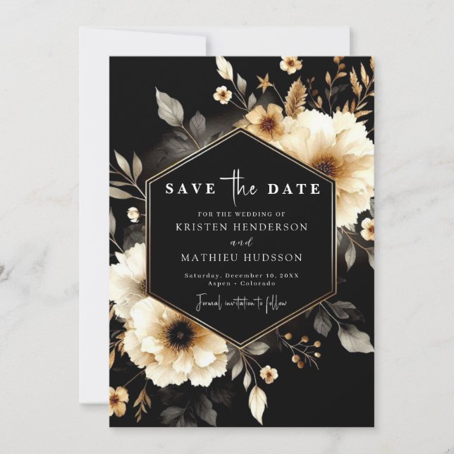 Save The Date Rustique Whimsical Gold et Mariage noir (Devant)