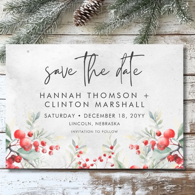 Save The Date Rustique Winter Holly & Pine Mariage (Rustic Winter Holly & Pine Wedding Save The Date)