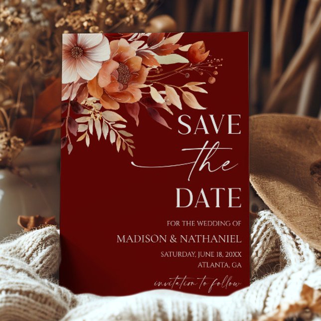 Save The Date Rusty Bourgogne Brown Floral Jardin Mariage (Créateur téléchargé)