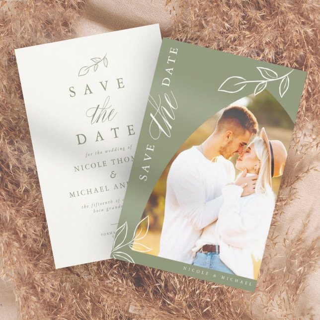 Save The Date Sage Arch Boho photo de la feuille minimale (Créateur téléchargé)