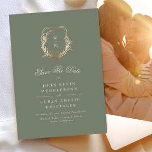 Save The Date Sage Classique & Crème Monogramme Crête dorée Phot