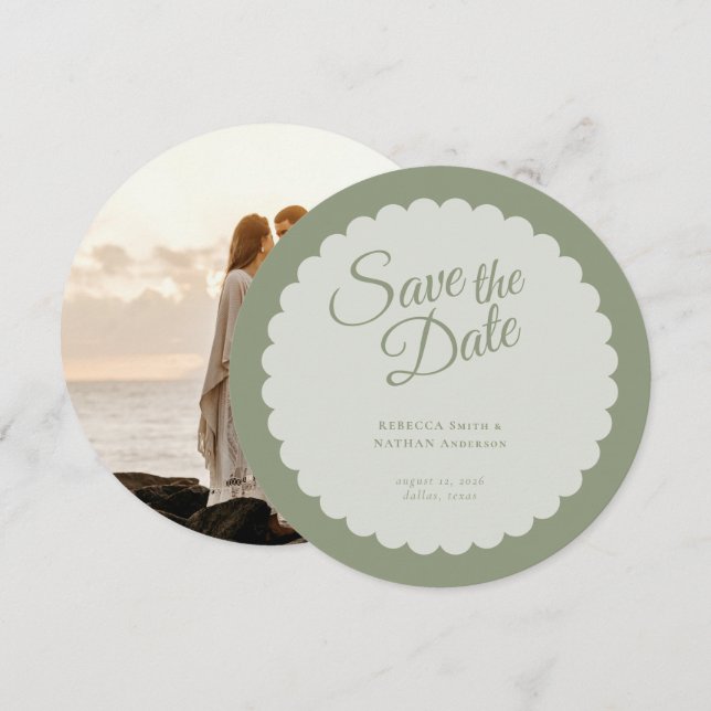Save The Date Sage classique Vert Script Mariage de saint Jacque (Devant / Derrière)