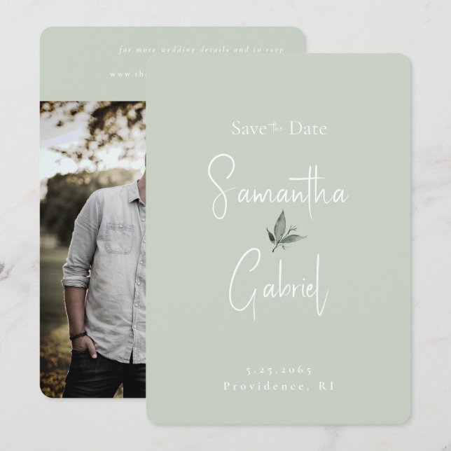 Save The Date Sage Contemporary Photo Mariage Enregistrer la Dat (Devant / Derrière)