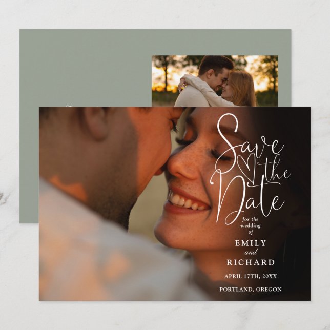 Save The Date Sage Green 2 Photo Elegant Mariage Script (Devant / Derrière)