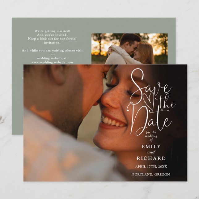 Save The Date Sage Green 2 Photo Elegant Script Mariage QR Code (Devant / Derrière)