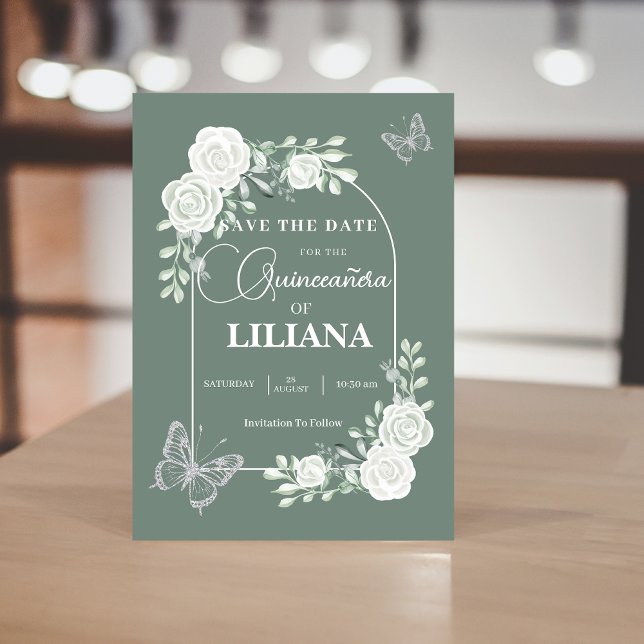 Save The Date Sage Green Arc Floral et Papillons Quinceañera (Créateur téléchargé)