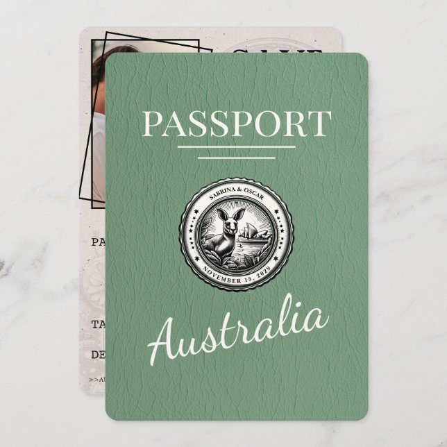 Save The Date Sage Green Australie Passeport Enregistrer La Date (Devant / Derrière)