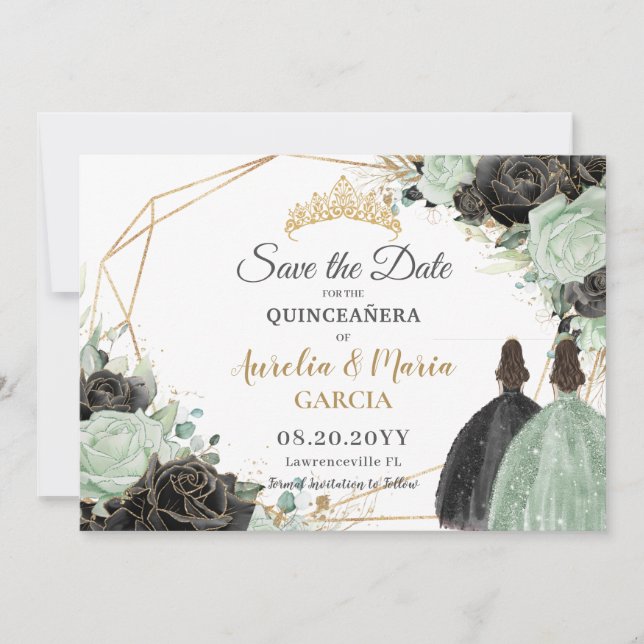 Save The Date Sage Green Black Floral Twins XV Quinceañera (Devant)