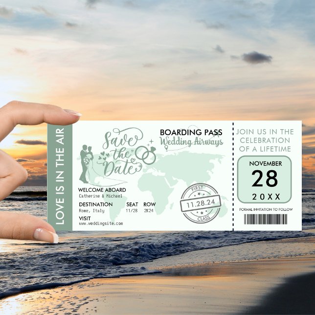 Save The Date Sage Green Boarding Pass Destination Mariage (Créateur téléchargé)