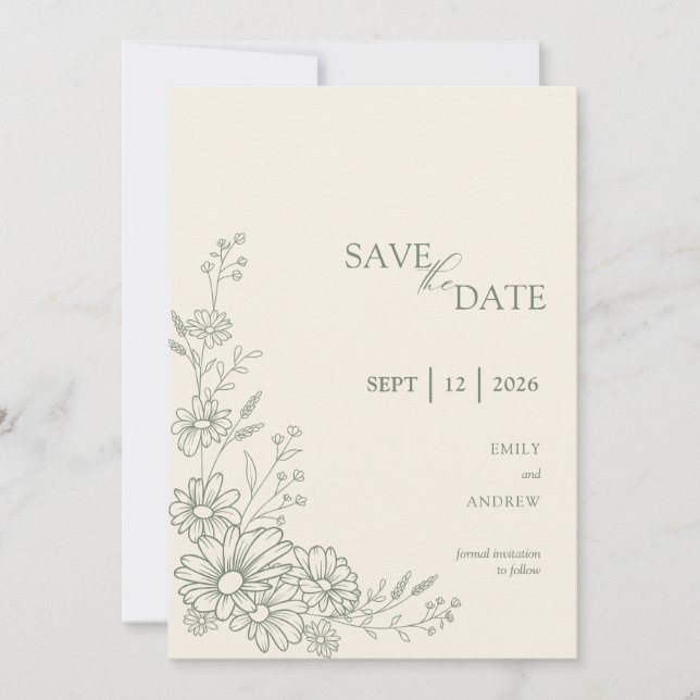 Save The Date Sage Green Botanical Daisy Garden Wedding (Devant)
