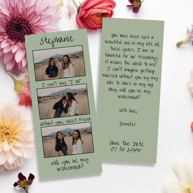 Save The Date Sage Green Chic Photo Strip Bridesmaid Proposition (Créateur téléchargé)