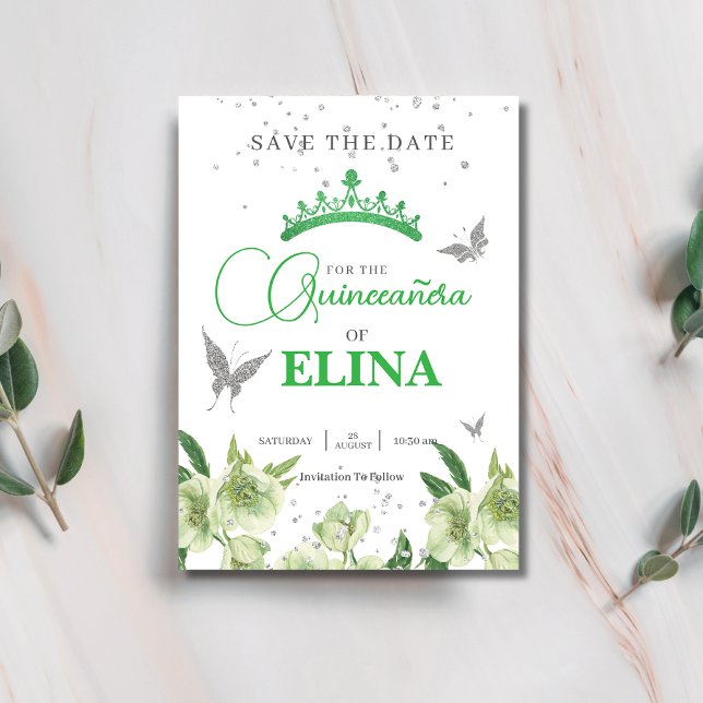 Save The Date Sage Green couronne Florale Papillons Quinceañera (Créateur téléchargé)