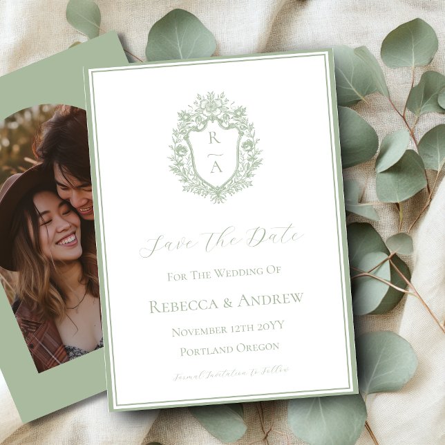 Save The Date Sage Green Crest Monogram & Photo  (Créateur téléchargé)