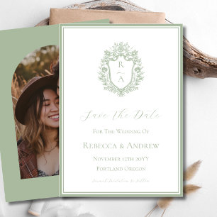 Save The Date Sage Green Crest Monogramme & Photo