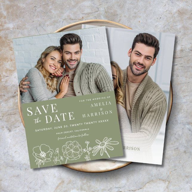 Save The Date Sage Green Elegant Floral Deux Mariage photo (Sage Green Floral Two Photo Wedding Save the Date with Line Art Flowers.)