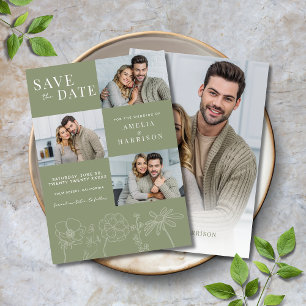 Save The Date Sage Green Elegant Floral Four Photo Mariage