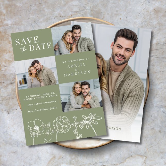 Save The Date Sage Green Elegant Floral Four Photo Mariage (Sage Green Elegant Floral Four Photo Wedding Save the Date with Line Art, 3 front photos, 1 on back.)