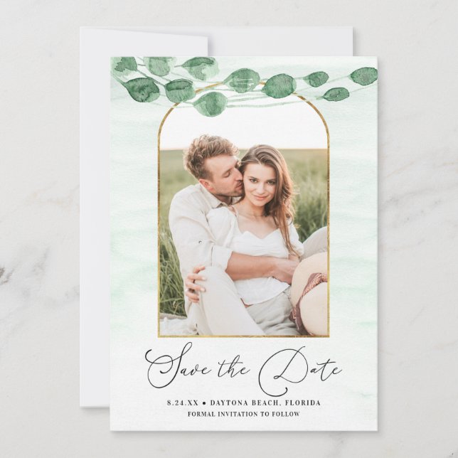 Save The Date Sage Green Eucalyptus Garland Gold Mariage ovale (Devant)