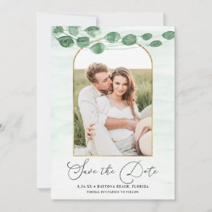 Save The Date Sage Green Eucalyptus Garland Gold Mariage ovale