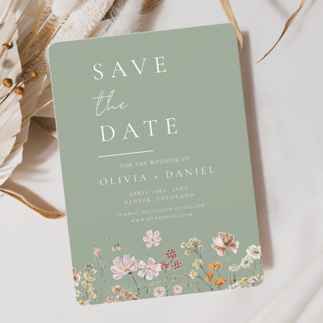 Save The Date Sage Green Fleurs sauvages Boho Enregistrer la dat (Créateur téléchargé)