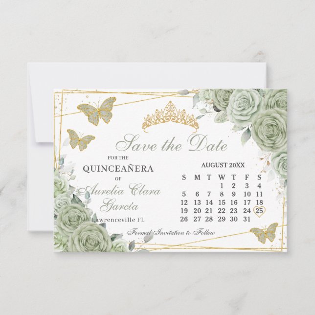 Save The Date Sage Green Floral Quinceanera Sweet 16 Calendrier (Devant)
