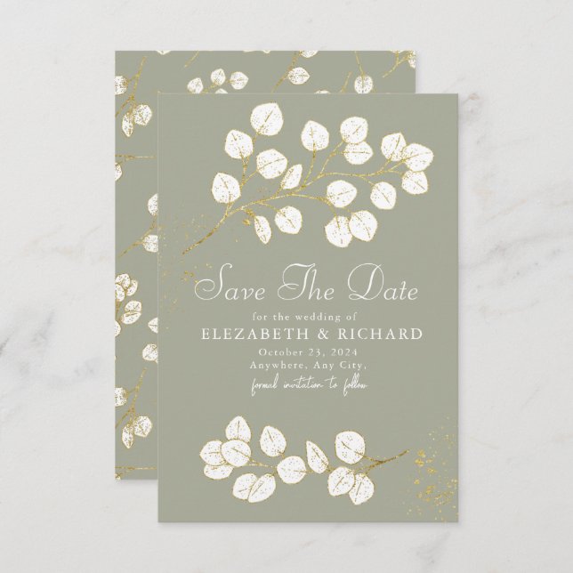 Save The Date Sage Green Gold Green Vert verdure Eucalyptus Feui (Devant / Derrière)