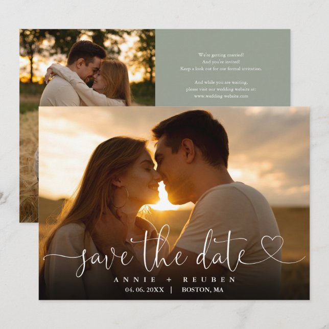 Save The Date Sage Green Heart Script Photo Mariage QR Code (Devant / Derrière)