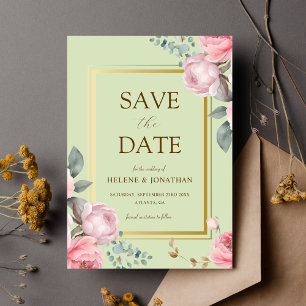 Save The Date Sage Green Jardin rose Élégant Mariage Floral