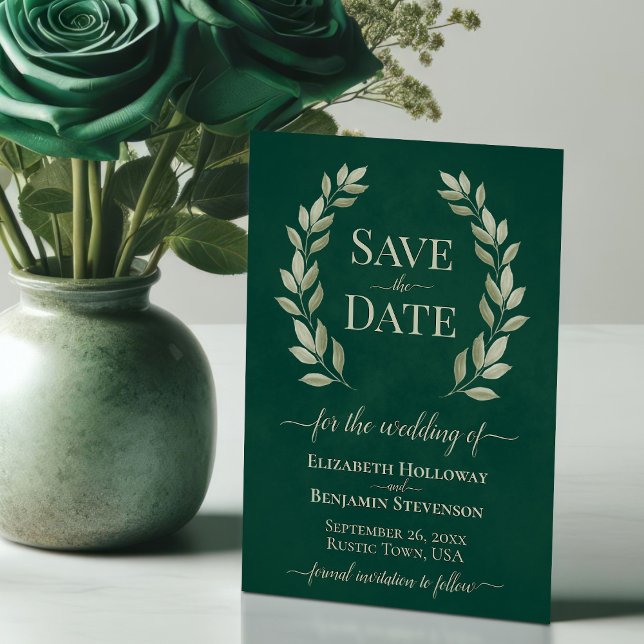 Save The Date Sage Green Laurel Feuilles Élégant Mariage émeraud (Créateur téléchargé)