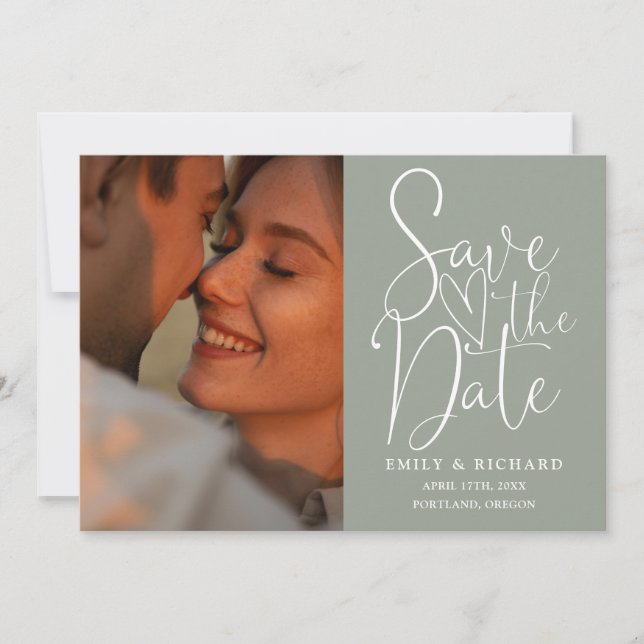 Save The Date Sage Green Mariage 2 Photo Élégant Script (Devant)
