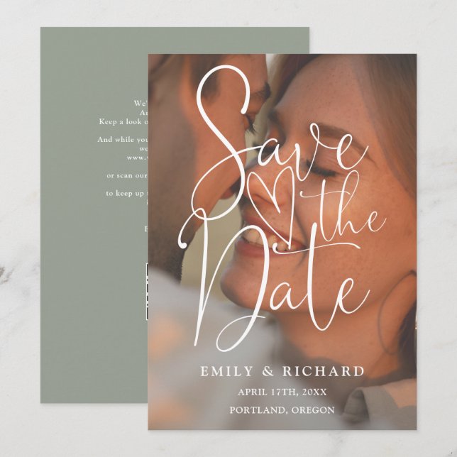 Save The Date Sage Green Mariage Photo Script élégant Code QR (Devant / Derrière)