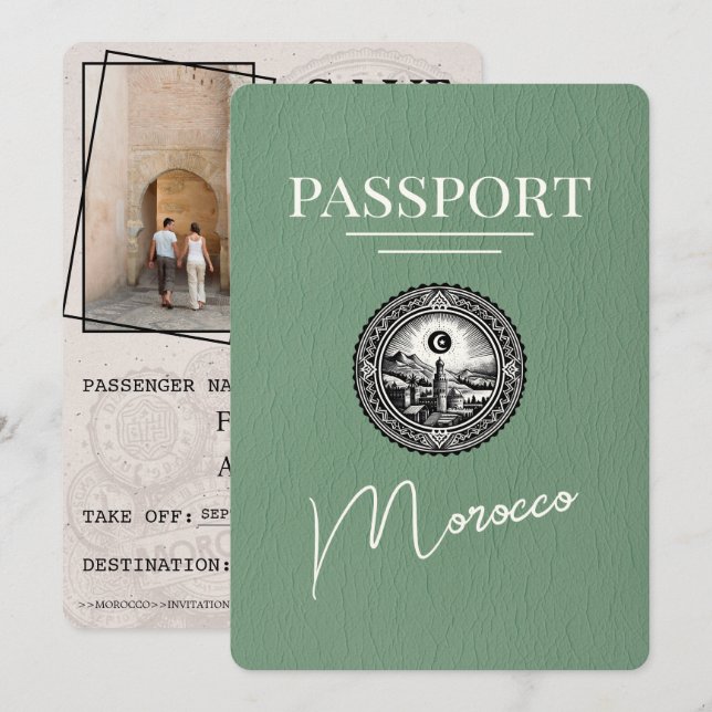 Save The Date Sage Green Maroc Passeport Enregistrer La Date (Devant / Derrière)
