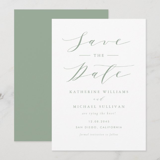 Save The Date Sage Green Minimaliste Dainty Script Mariage (Devant / Derrière)