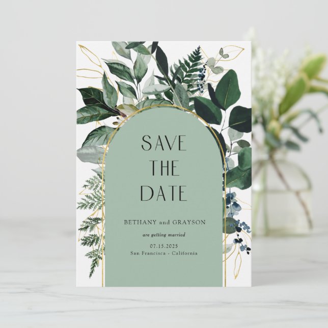 Save The Date Sage Green, Modern Botanical Greenery Code QR (Debout devant)