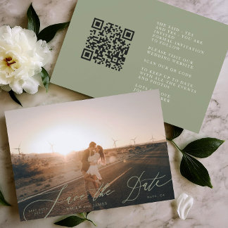 Save The Date Sage Green Modern QR Code Photo Enregistrer La Dat