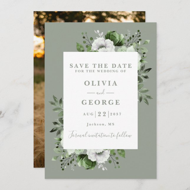 Save The Date Sage Green Moderne Aquarelle Florale Mariage Photo (Devant / Derrière)