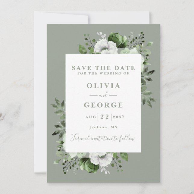 Save The Date Sage Green Moderne Aquarelle Mariage Floral (Devant)
