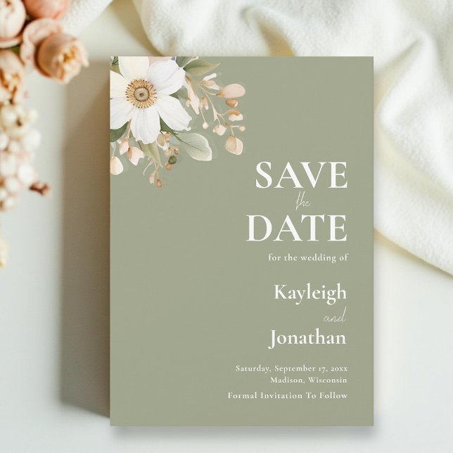 Save The Date Sage Green Moderne Floral Mariage Aquarelle (Créateur téléchargé)