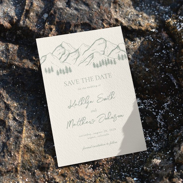 Save The Date Sage Green Mountain Pine Tree Mariage extérieur (Créateur téléchargé)