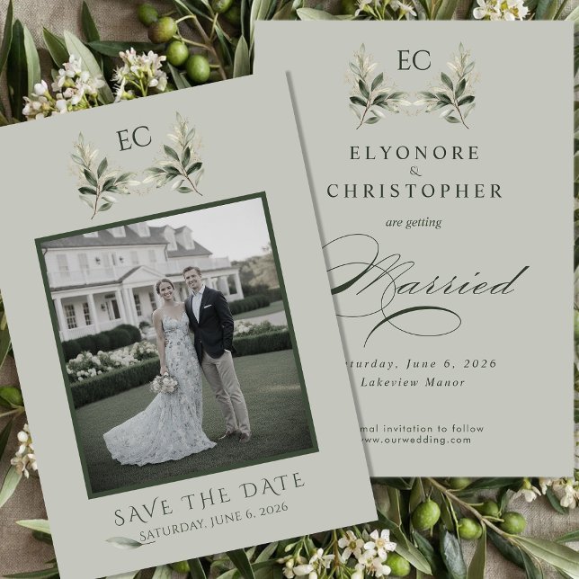 Save The Date Sage Green Olive Branch Monogram Photo Wedding (Créateur téléchargé)