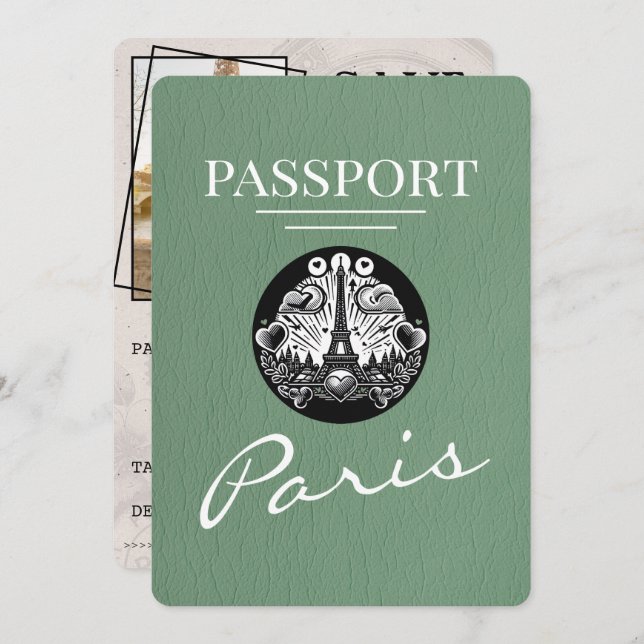 Save The Date Sage Green Paris Passport Enregistrer La Date (Devant / Derrière)