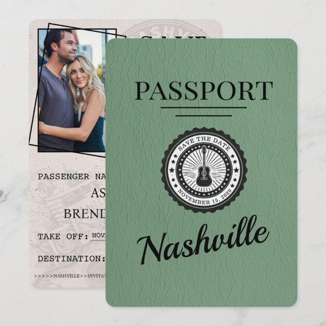 Save The Date Sage Green Passeport De Nashville Enregistrer La D (Devant / Derrière)