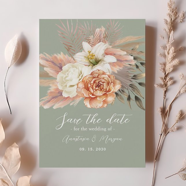 Save The Date Sage Green Peach Floral Enregistrer la date (Créateur téléchargé)