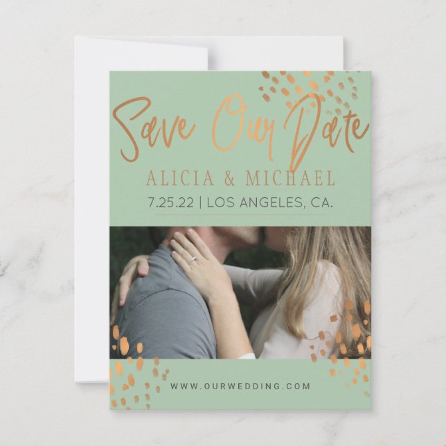Save The Date Sage Green PHOTO Faux Rose Gold Foil Typographie (Devant)