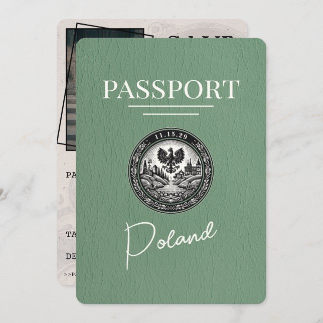 Save The Date Sage Green Pologne Passeport Enregistrer La Date (Devant / Derrière)