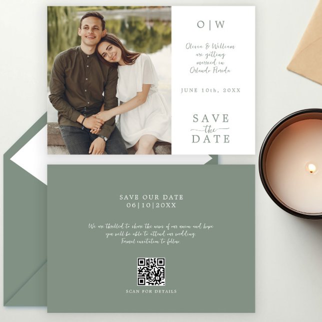 Save The Date Sage Green QR Code Photo Enregistrer la date (Créateur téléchargé)