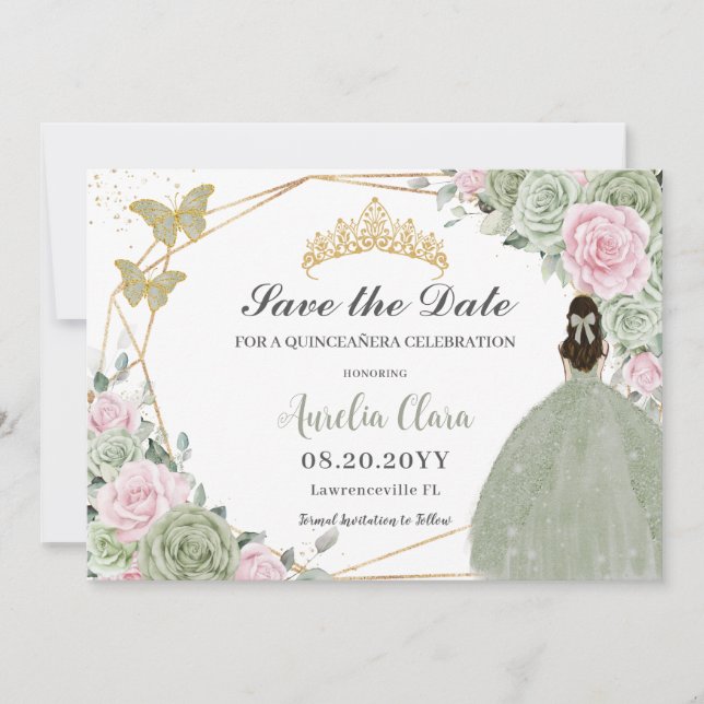 Save The Date Sage Green Rose Floral Or Quinceanera Princesse (Devant)